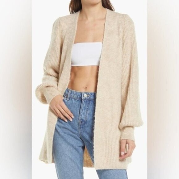 NWT Topshop Stone Beige Chunky Cable Knit Long Cardigan Wool Sweater Size Medium - Picture 2 of 10